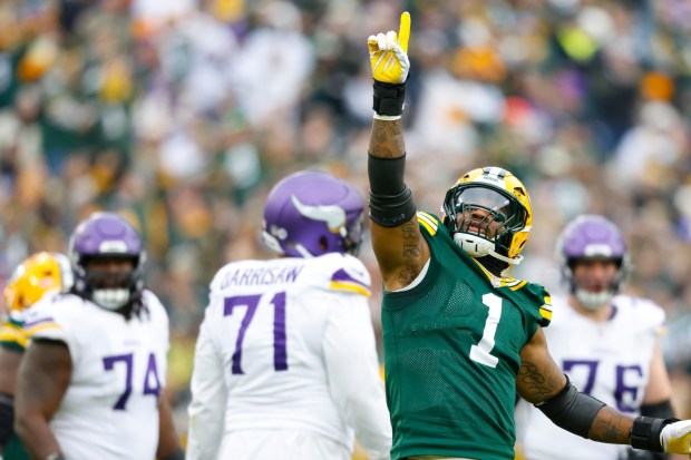 Green Bay Packers defensive end Micah Parsons celebrates one of 12.5 sacks last month against Minnesota. (AP Photo/Jeffrey Phelps