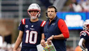 New England Patriots head coach Mike Vrabel stands with quarterback Drake Maye during an NFL football game against the Las Vegas Raiders at Gillette Stadium, Sunday, Sept. 7, 2025 in Foxborough, Mass.