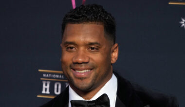 Feb 10, 2022; Los Angeles, CA, USA; Russell Wilson appears on the red carpet prior to the NFL Honors awards presentation at YouTube Theater. Mandatory Credit: Kirby Lee-USA TODAY Sports