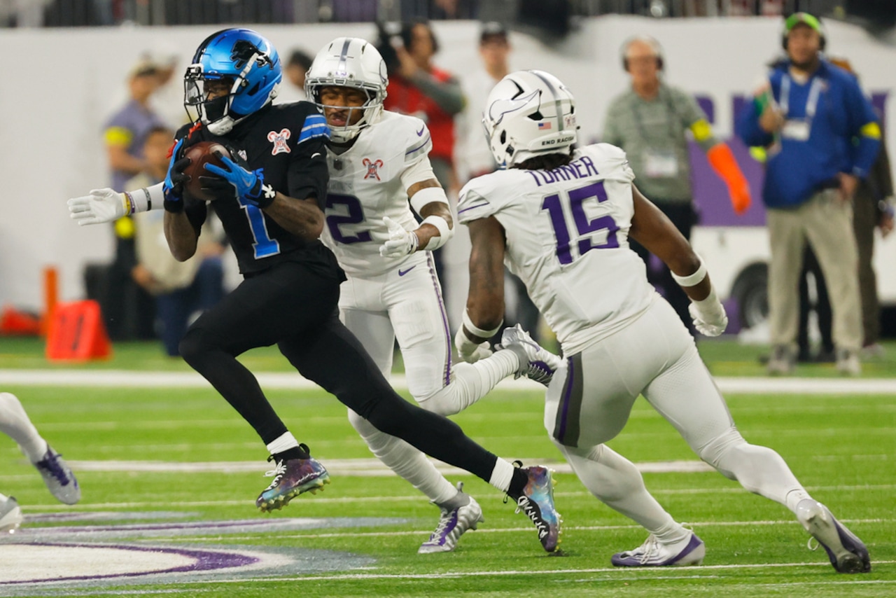 Detroit Lions wide receiver Jameson Williams runs after catching a pass during an NFL game against the Minnesota Vikings on Thursday, Dec. 25, 2025, at U.S. Bank Stadium in Minneapolis.