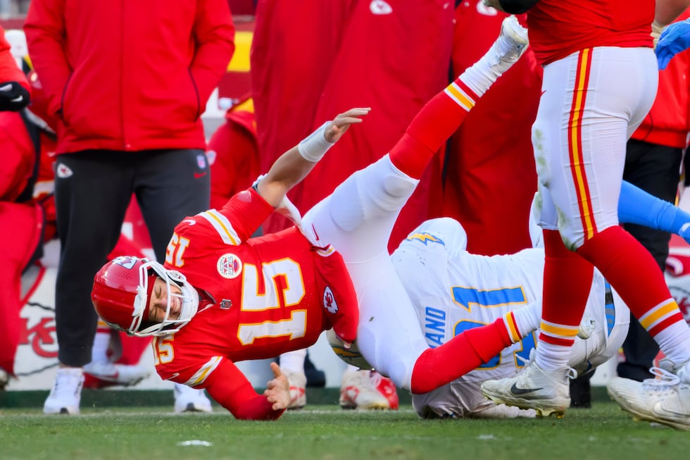 Kansas City Chiefs quarterback Patrick Mahomes (15) is injured after being tackled by Los...
