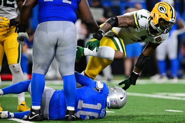 Green Bay Packers defensive end Micah Parsons sacks Detroit Lions quarterback Jared Goff during the second half of an NFL football game in Detroit, Thursday, Nov. 27, 2025. (AP Photo/David Dermer)