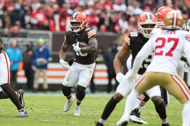 Cleveland Browns running back Quinshon Judkins (10) runs the ball against the San Francisco 49ers during an NFL football game, Sunday, Nov. 30, 2025, in Cleveland. (Photo by Jeff Haynes/AP Images for Panini)