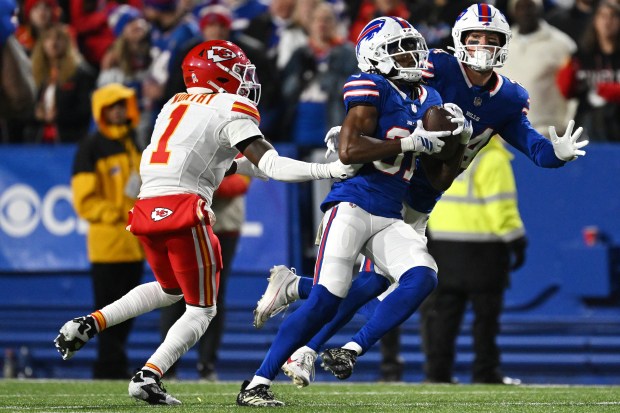 ORCHARD PARK, NEW YORK - NOVEMBER 02: Maxwell Hairston #31 of the Buffalo Bills intercepts a pass intended for Xavier Worthy #1 of the Kansas City Chiefs during the fourth quarter in the game at Highmark Stadium on November 02, 2025 in Orchard Park, New York. (Photo by Jason Miller/Getty Images)