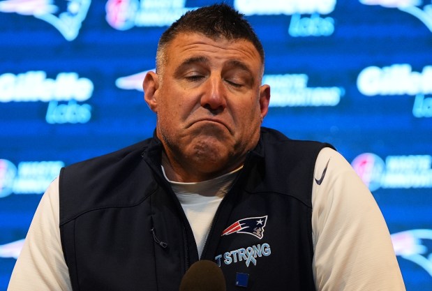 New England Patriots head coach Mike Vrabel following an NFL football game, Sunday, Dec. 14, 2025, in Foxborough, Mass. (AP Photo/Charles Krupa)
