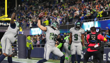 Seattle Seahawks AJ Barner touchdown celebration Rams 2025 Getty...