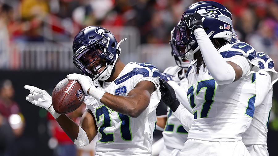 Seattle Seahawks Devon Witherspoon interception celebration Atlanta Falcons 2025...