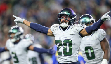 Seattle Seahawks Julian Love celebrates Rams 2025...