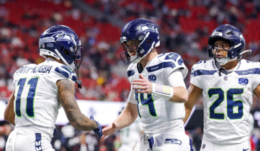 Seattle Seahawks celebrate touchdown Darnold JSN Charbonnet Falcons 2025...