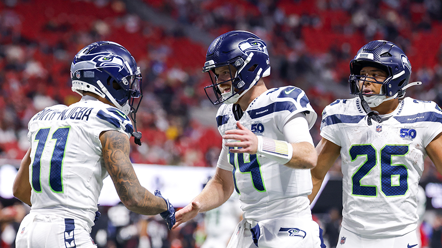 Seattle Seahawks celebrate touchdown Darnold JSN Charbonnet Falcons 2025...