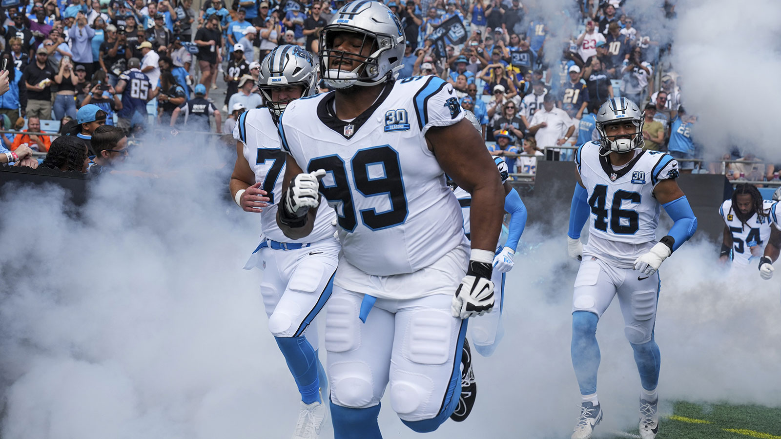 Carolina Panthers defensive tackle Shy Tuttle (99) takes the field during the first quarter against the Los Angeles Chargers at Bank of America Stadium. 
