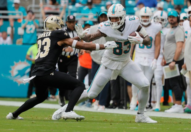 Miami Dolphins tight end Darren Waller catches a pass for...