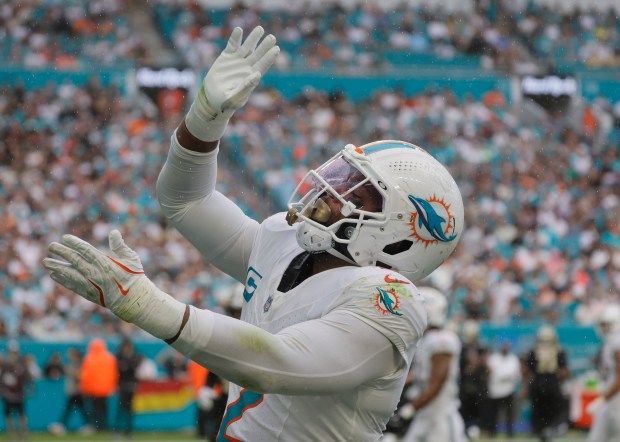 Miami Dolphins linebacker Bradley Chubb (2) celebrates a sack against...