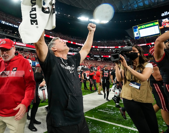 (Leah Hogsten | The Salt Lake Tribune) Utah Utes head coach Kyle Whittingham celebrates the win. The Utes defeated the Oregon Ducks to win the 2021 Pac12 Football Championship title at Allegiant Stadium in Las Vegas, Dec 3, 2021. 