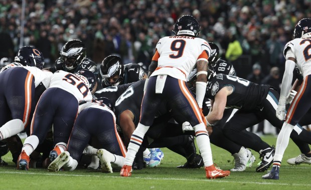 Eagles quarterback Jalen Hurts (1) tries to score on a "tush push" but fumbled and the Bears recovered in the third quarter Nov. 28, 2025, at Lincoln Financial Field in Philadelphia. (Brian Cassella/Chicago Tribune)