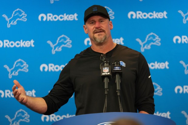 Detroit Lions head coach Dan Campbell speaks during a press conference following an NFL football game against the Green Bay Packers in Detroit, Thursday, Nov. 27, 2025. (AP Photo/Paul Sancya)