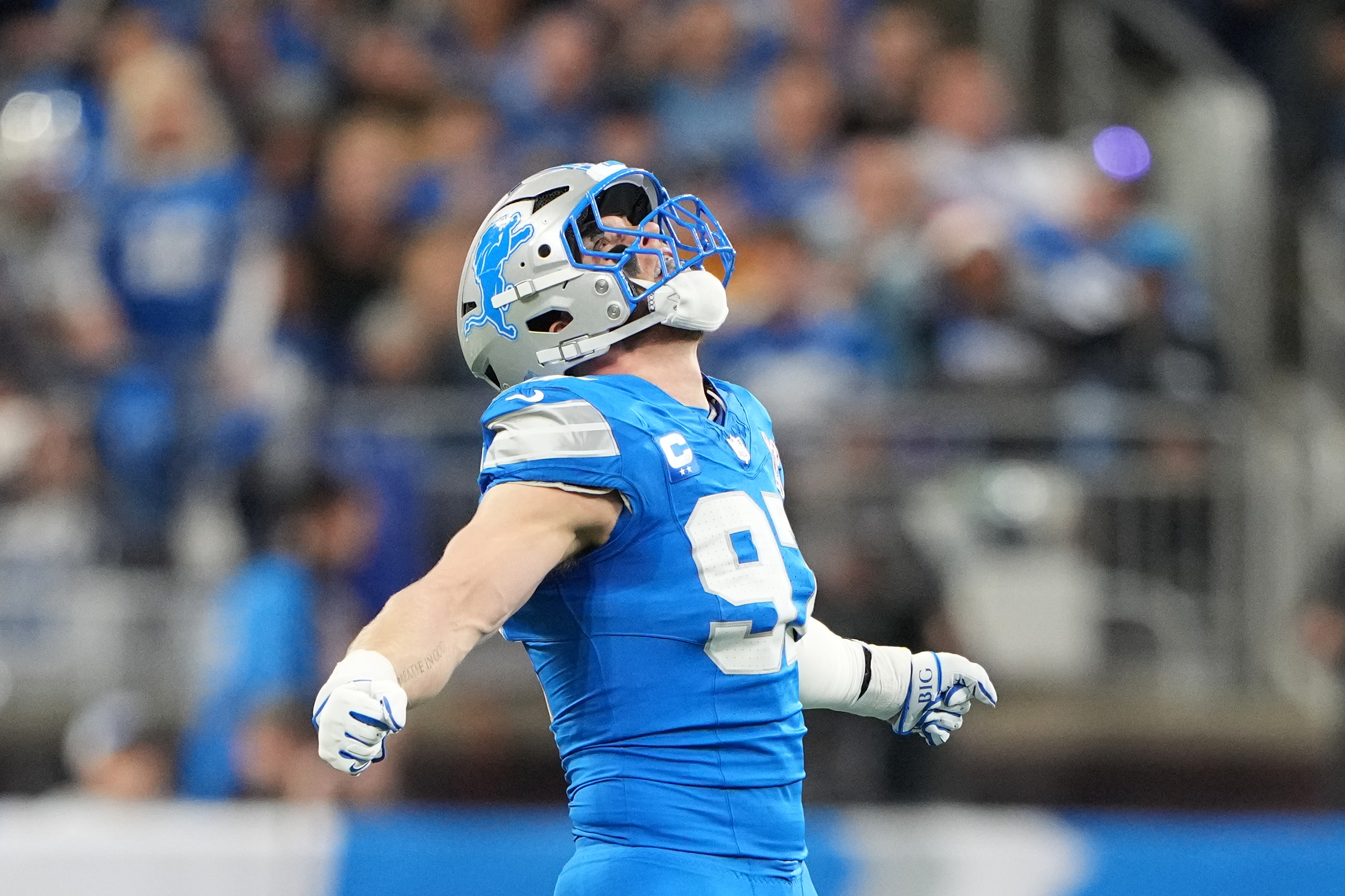 Detroit Lions’ Aidan Hutchinson reacts after sacking Pittsburgh Steelers’ Aaron...