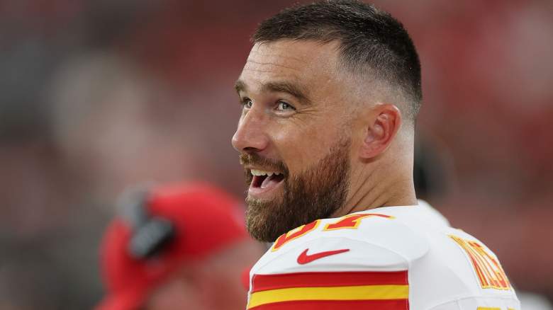 Tight end Travis Kelce #87 of the Kansas City Chiefs reacts on the sidelines during the first quarter of the NFL Preseason 2025 game against the Arizona Cardinals at State Farm Stadium on August 09, 2025 in Glendale, Arizona