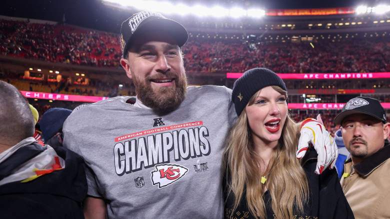 Taylor Swift celebrates with Travis Kelce #87 of the Kansas City Chiefs after defeating the Buffalo Bills 32-29 in the AFC Championship Game at GEHA Field at Arrowhead Stadium on January 26, 2025 in Kansas City, Missouri
