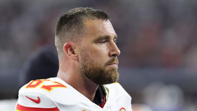 Travis Kelce #87 of the Kansas City Chiefs participates in warmups prior to a game against the Dallas Cowboys at AT&T Stadium on November 27, 2025 in Arlington, Texas. The Cowboys defeated the Chiefs 31-28