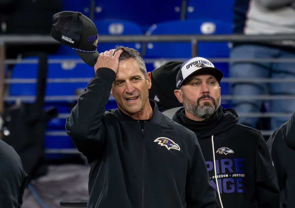 Baltimore Ravens head coach John Harbaugh watches as the New England Patriots run out the clock in the 4th quarter, defeating the Ravens 28-24 at M&T Bank Stadium.