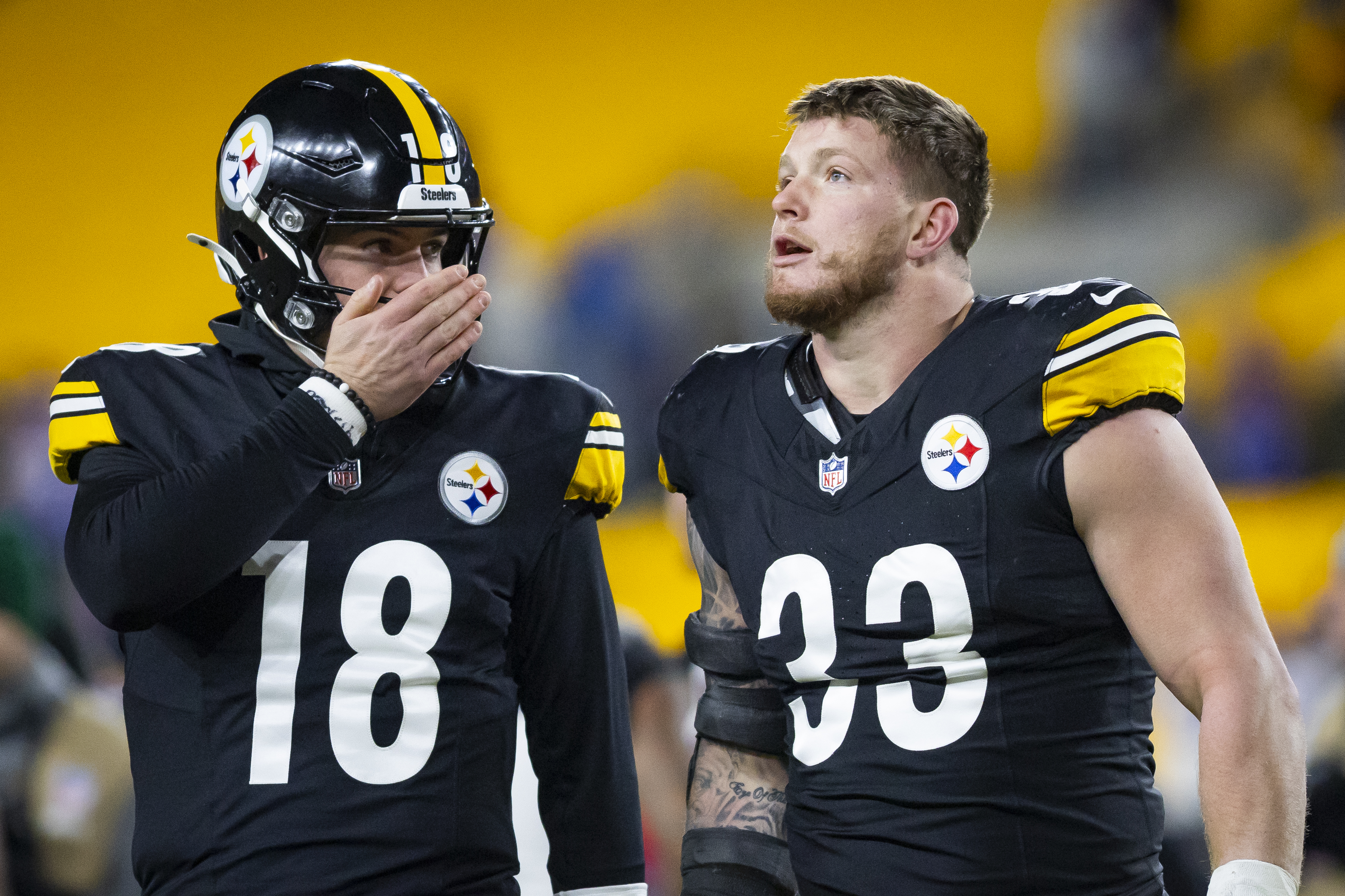 Pittsburgh Steelers quarterback Will Howard (18) & Pittsburgh Steelers linebacker Jack Sawyer (33) during post-game. Pittsburgh Steelers vs. Buffalo BillsKylee Surike | Special to PennLive