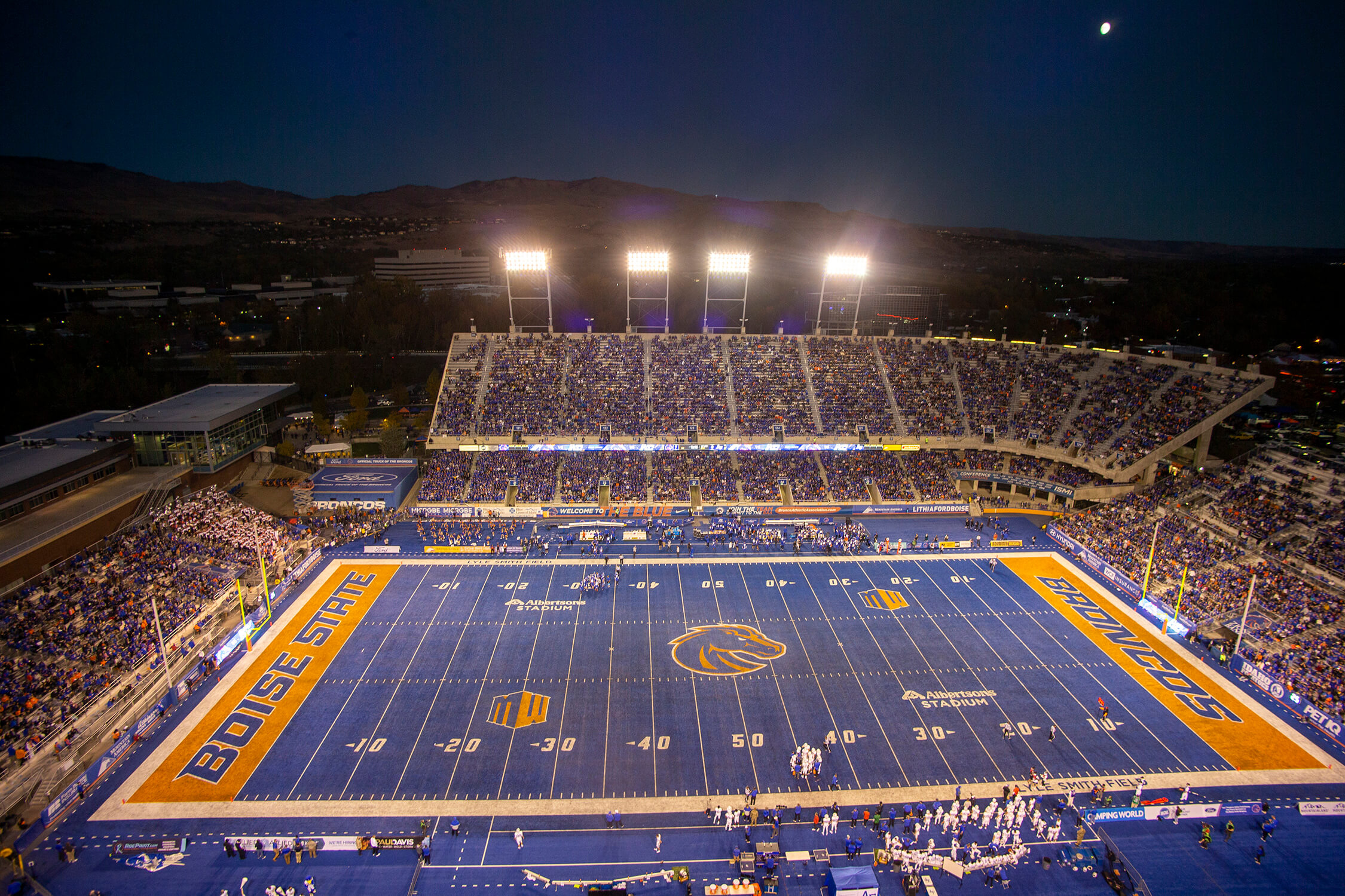 A night time aerial view of Boise State's Albertsons Stadium