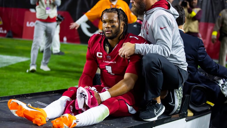 Kyler Murray reacts after being injured against New England. Murray could an option for the Vikings in 2026. 