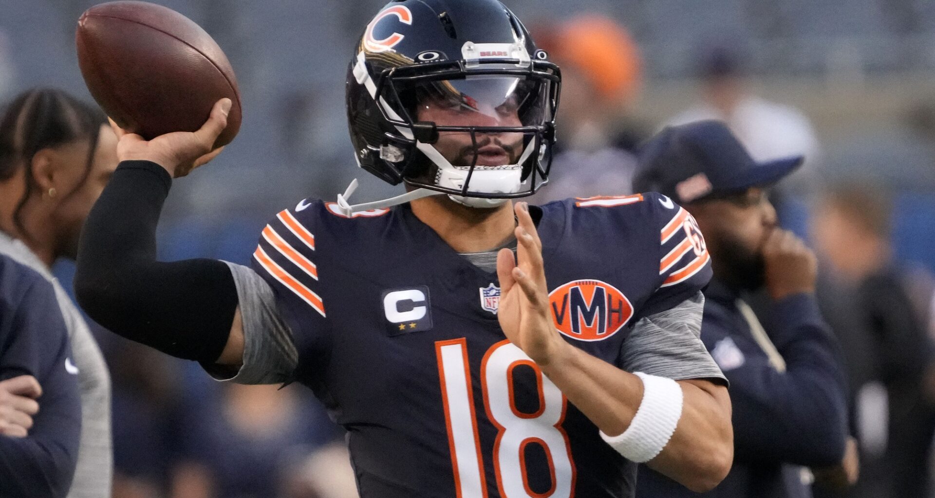 Chicago Bears quarterback Caleb Williams (18) practices before the game against the Minnesota Vikings at Soldier Field.