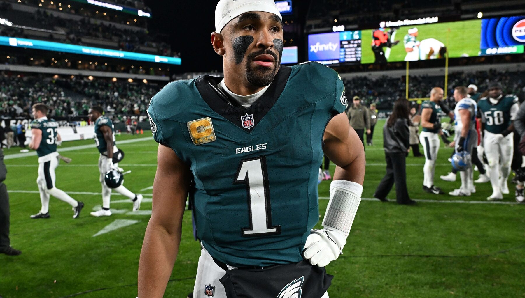 Nov 16, 2025; Philadelphia, Pennsylvania, USA; Philadelphia Eagles quarterback Jalen Hurts (1) reacts after the game against the Detroit Lions at Lincoln Financial Field.