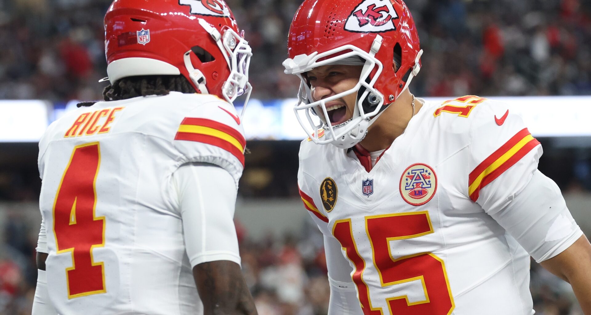 Chiefs stars Patrick Mahomes and Rashee Rice celebrate a play against the Cowboys during the 2025 NFL season.