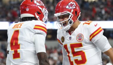 Chiefs stars Patrick Mahomes and Rashee Rice celebrate a play against the Cowboys during the 2025 NFL season.