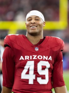 Nov 23, 2025; Glendale, Arizona, USA; Arizona Cardinals tight end Pharaoh Brown (49) against the Jacksonville Jaguars at State Farm Stadium. Mandatory Credit: Mark J. Rebilas-Imagn Images