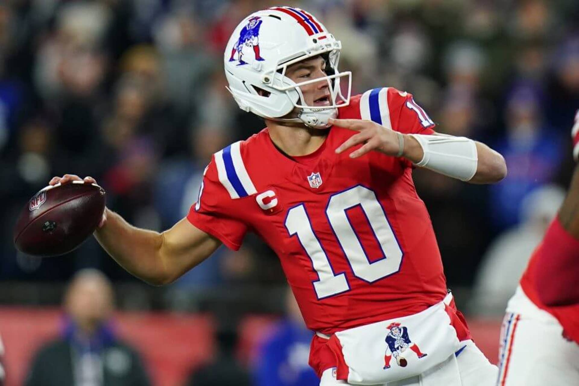 New England Patriots quarterback Drake Maye throws a pass during a win over the New York Giants.