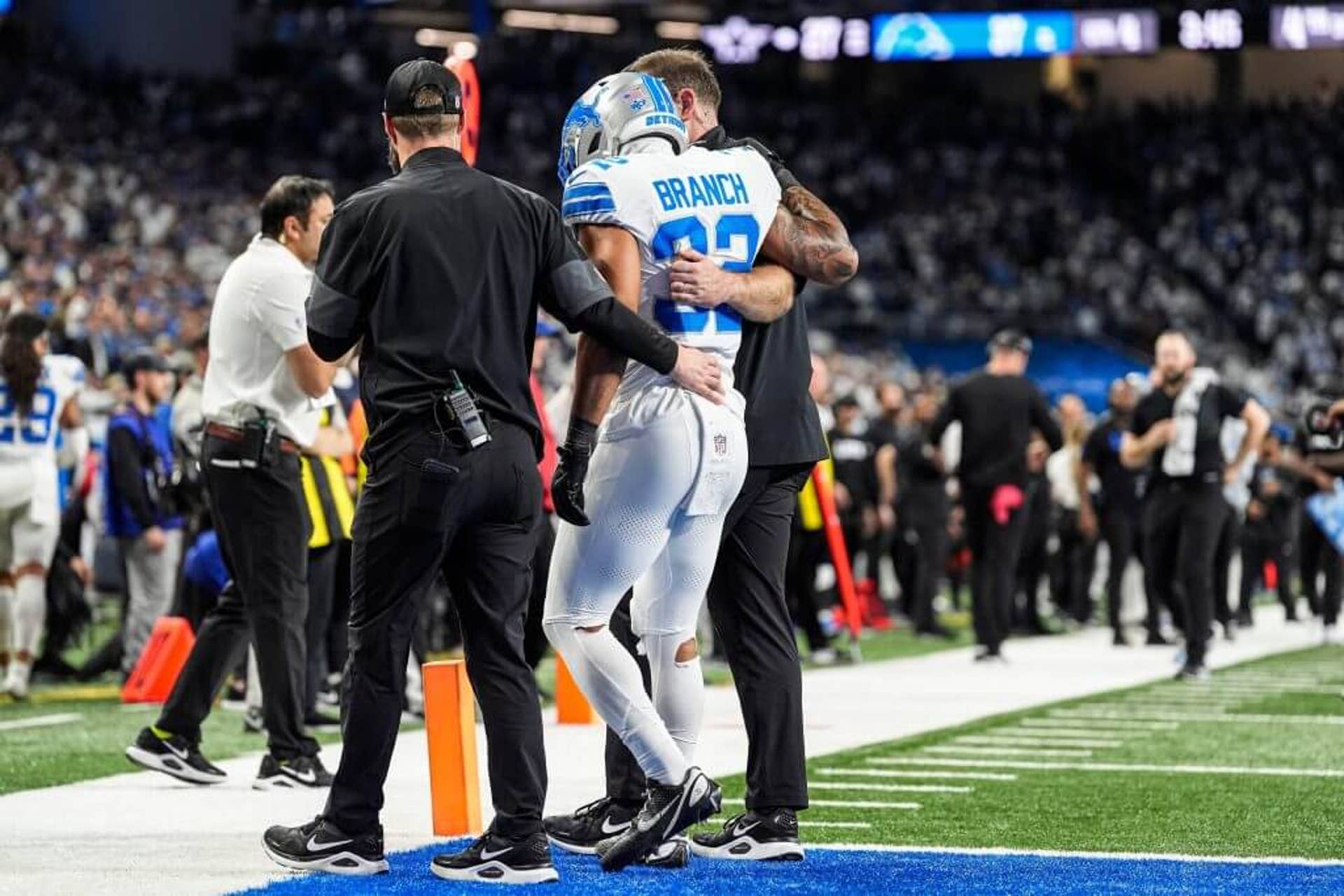 With the help from team trainers, Detroit Lions safety Brian Branch is helped off the field due to an injury during the second half against the Dallas Cowboys at Ford Field.