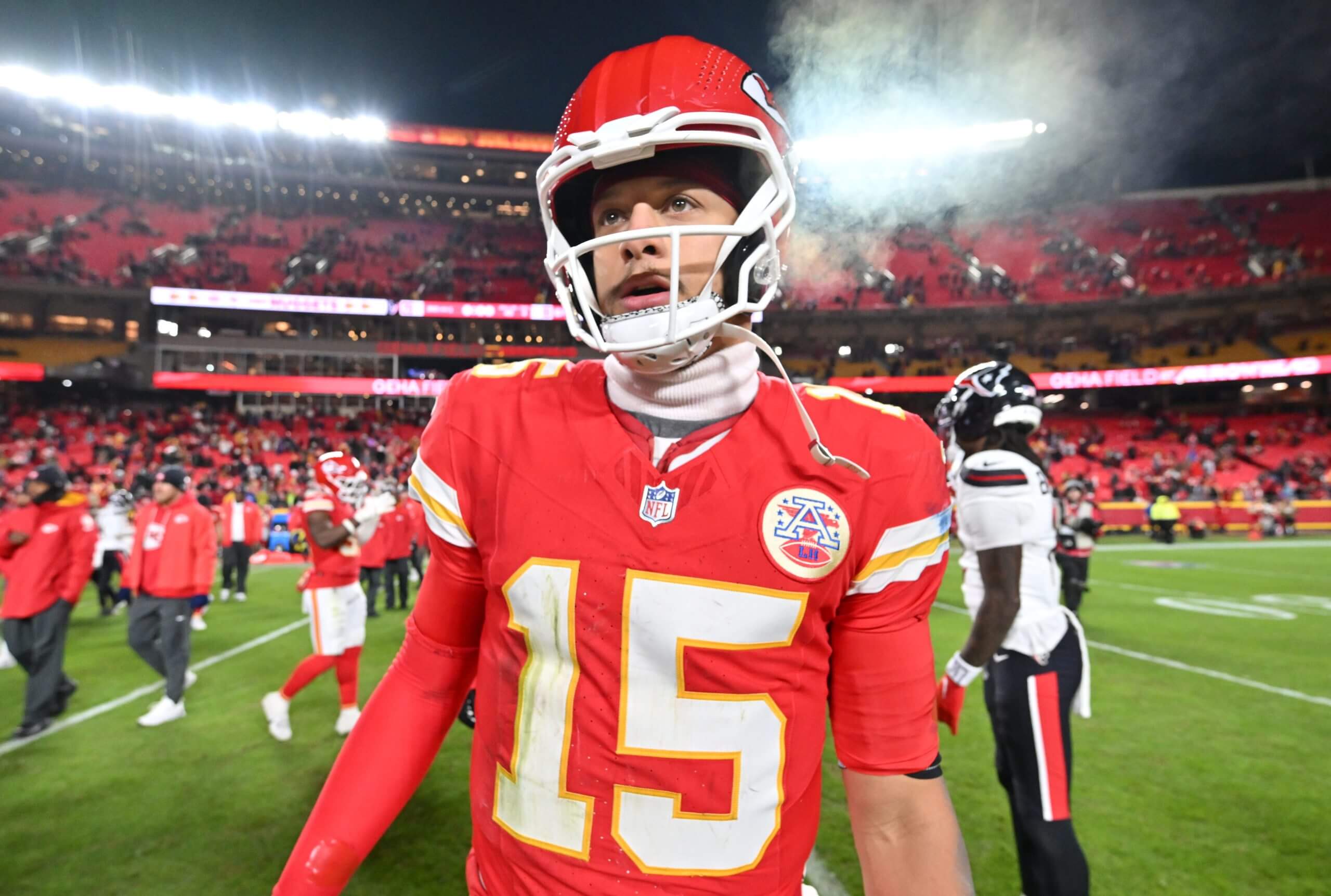 Kansas City Chiefs quarterback Patrick Mahomes (15) walks off the field after the game against the Houston Texans at GEHA Field at Arrowhead Stadium.