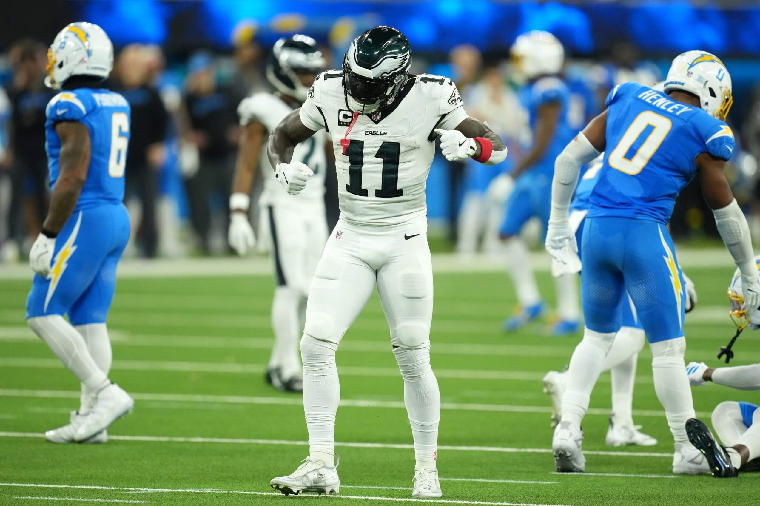 The Eagles' AJ Brown reacts during a game against the Chargers.