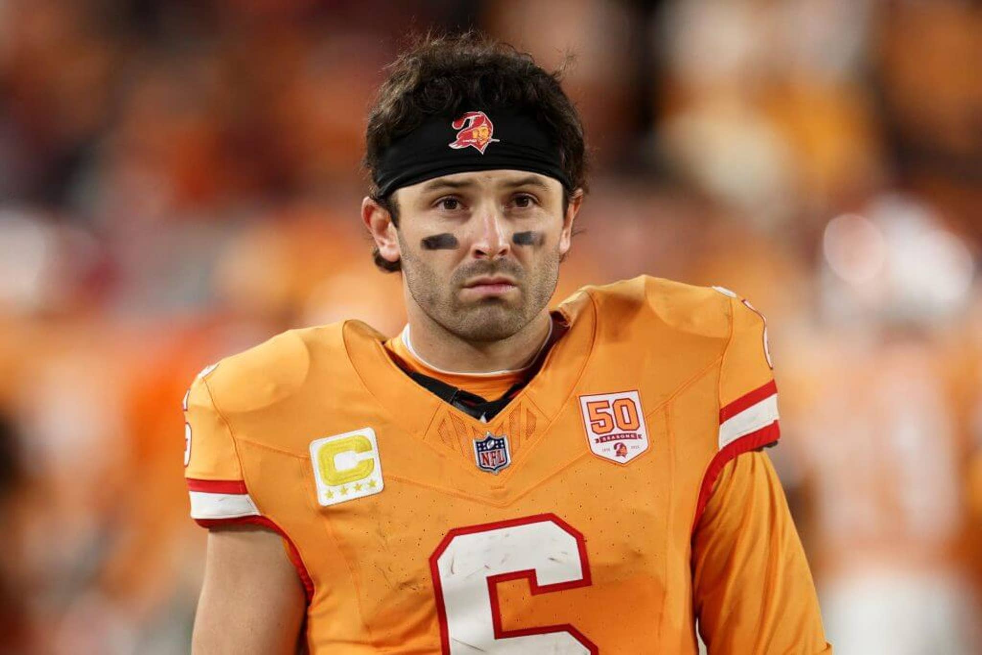 Baker Mayfield looks on as his team loses to the Falcons.