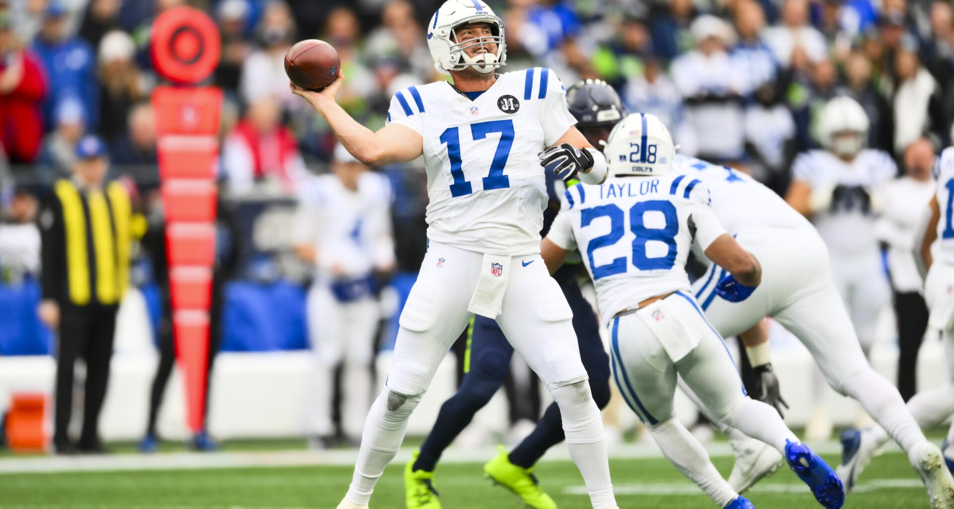 Colts quarterback Philip Rivers looks to throw against the Seahawks during the 2025 NFL season.