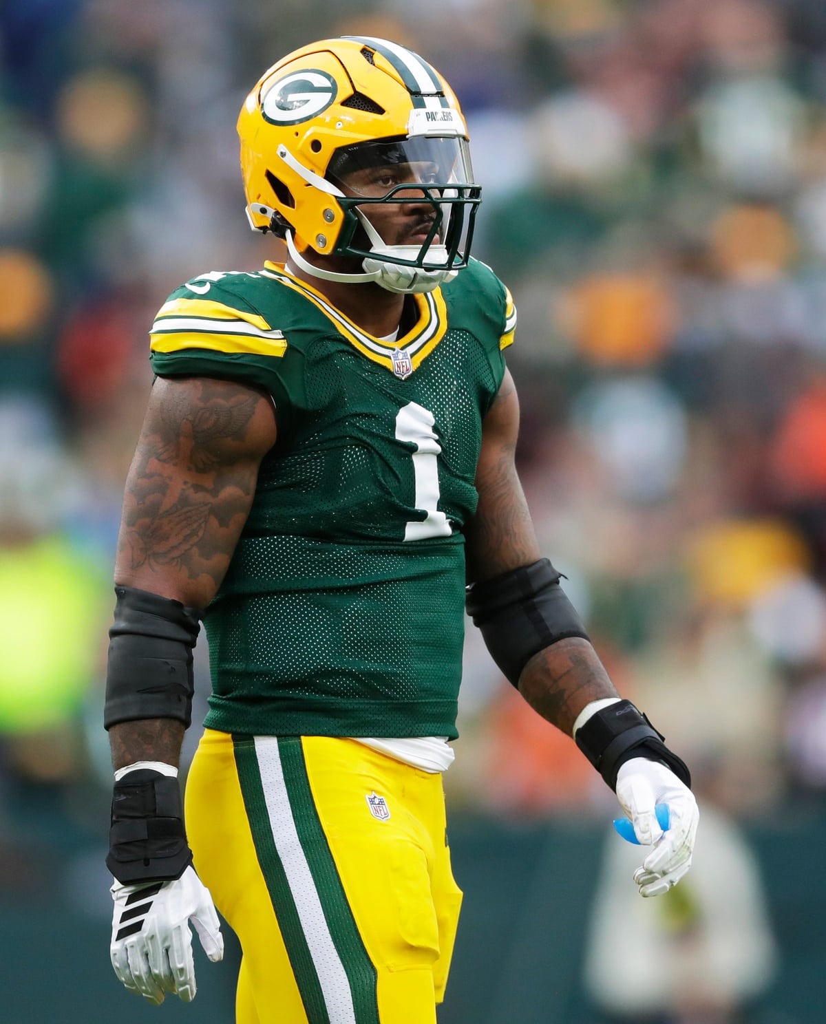 Green Bay Packers defensive end Micah Parsons (1) during a game against the Cincinnati Bengals on Oct. 12, 2025, at Lambeau Field in Green Bay, Wis. The Packers defeated the Bengals 27-18.