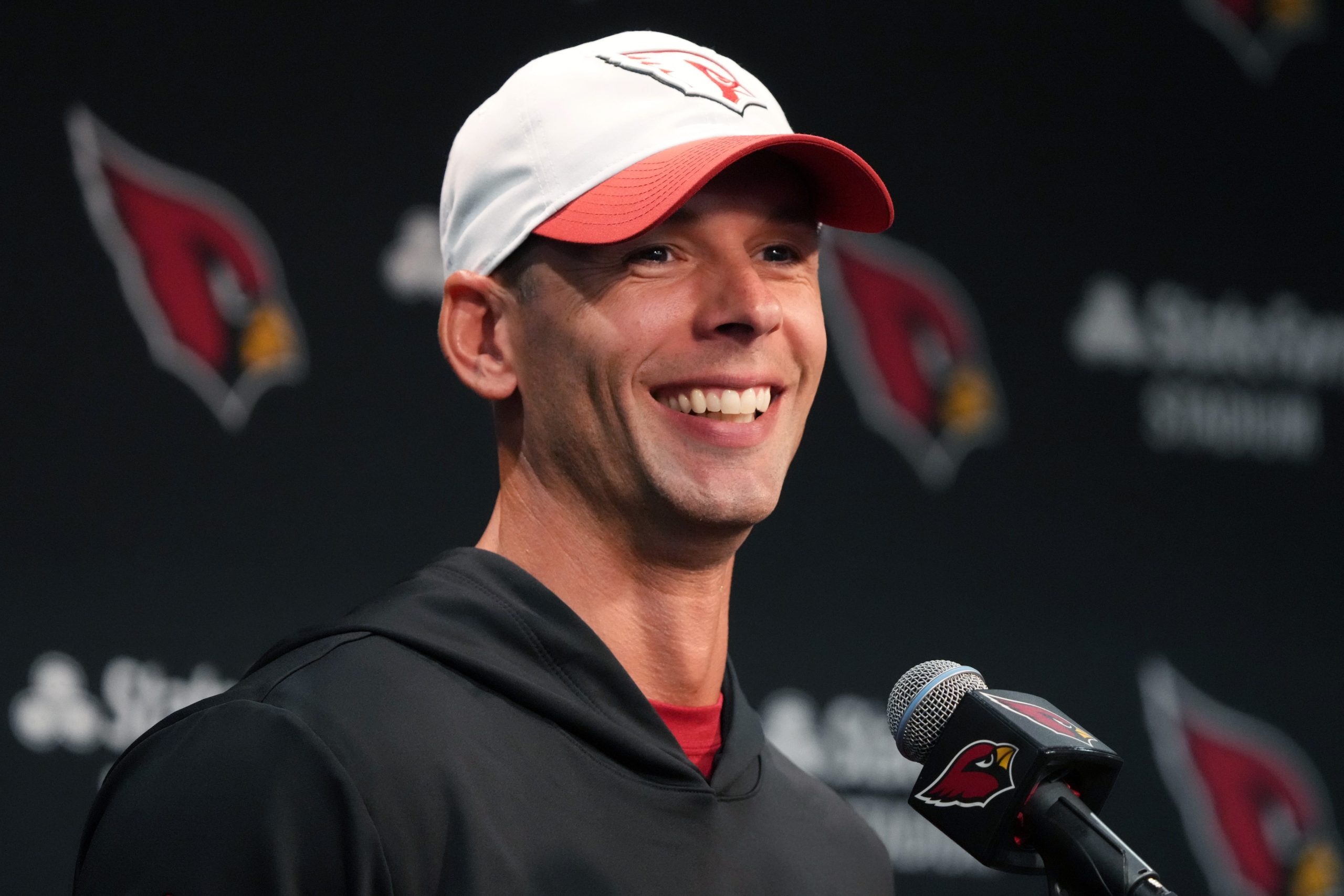 Arizona Cardinals head coach Jonathan Gannon addresses the media during a news conference at State Farm Stadium in Glendale on July 24, 2024.