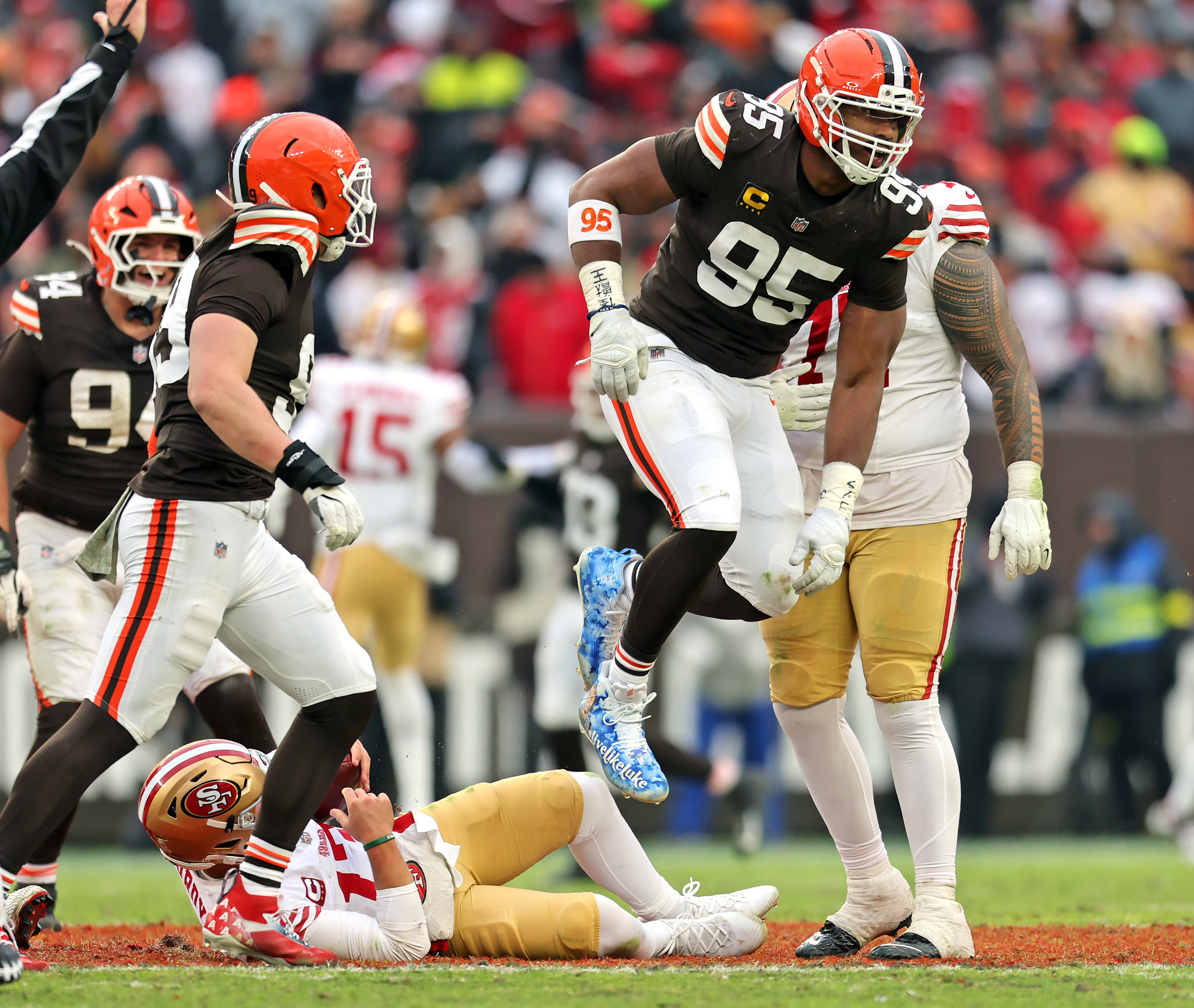Cleveland Browns defensive end Myles Garrett reacts after sacking San Francisco 49ers quarterback Brock Purdy in the second half of play. 
