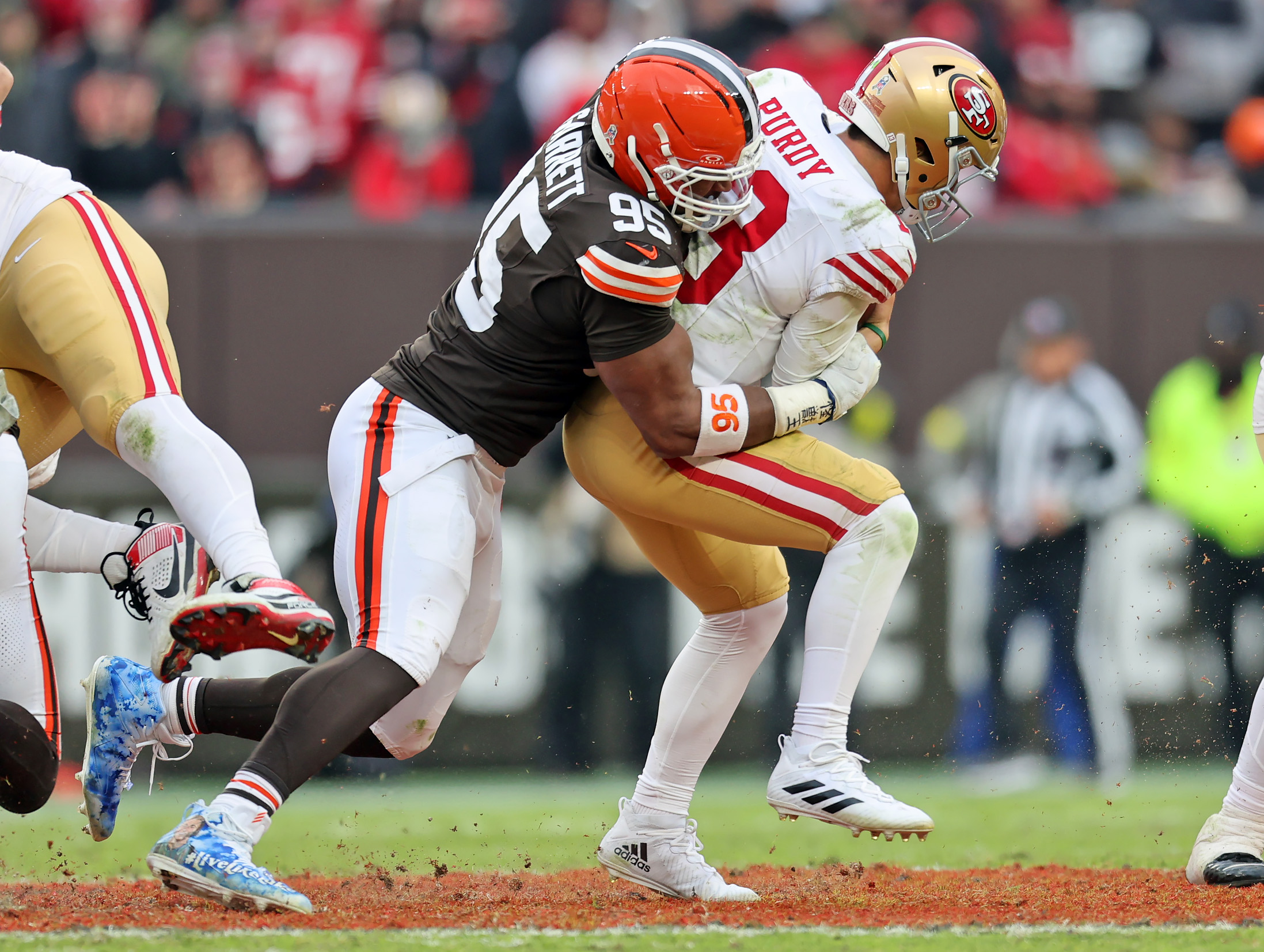 Cleveland Browns defensive end Myles Garrett sacks San Francisco 49ers quarterback Brock Purdy in the second half of play. 