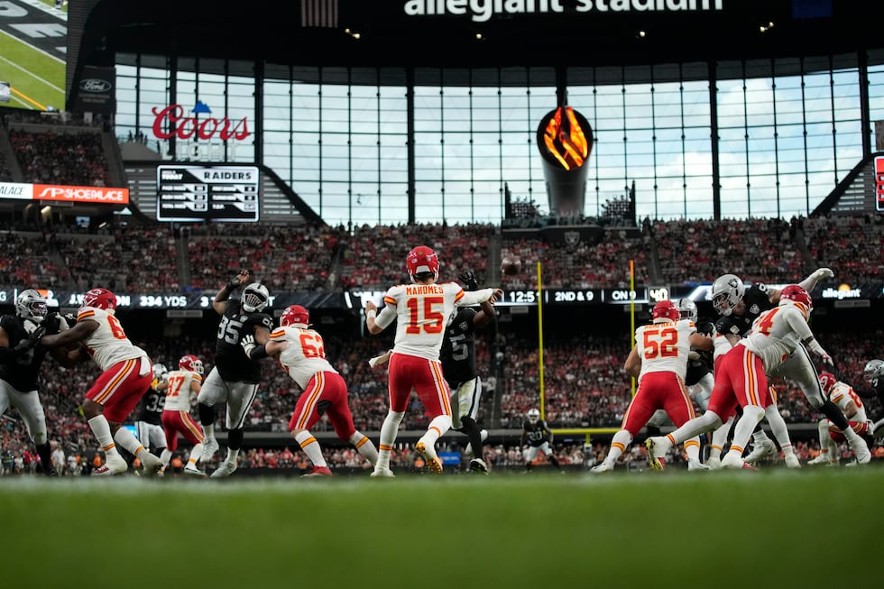 FILE - Kansas City Chiefs quarterback Patrick Mahomes (15) throws during the second half of an...