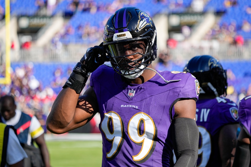 Baltimore Ravens linebacker Odafe Oweh (99) walks the sidelines in the fourth quarter of a game against the Houston Texans at M&T Bank Stadium in Baltimore, Md., on Sunday, Oct. 5, 2025.