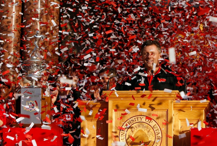 (Leah Hogsten | The Salt Lake Tribune) Kyle Whittingham is covered in confetti at a parade after the Utes' 2008 perfect season, Jan. 16, 2009.