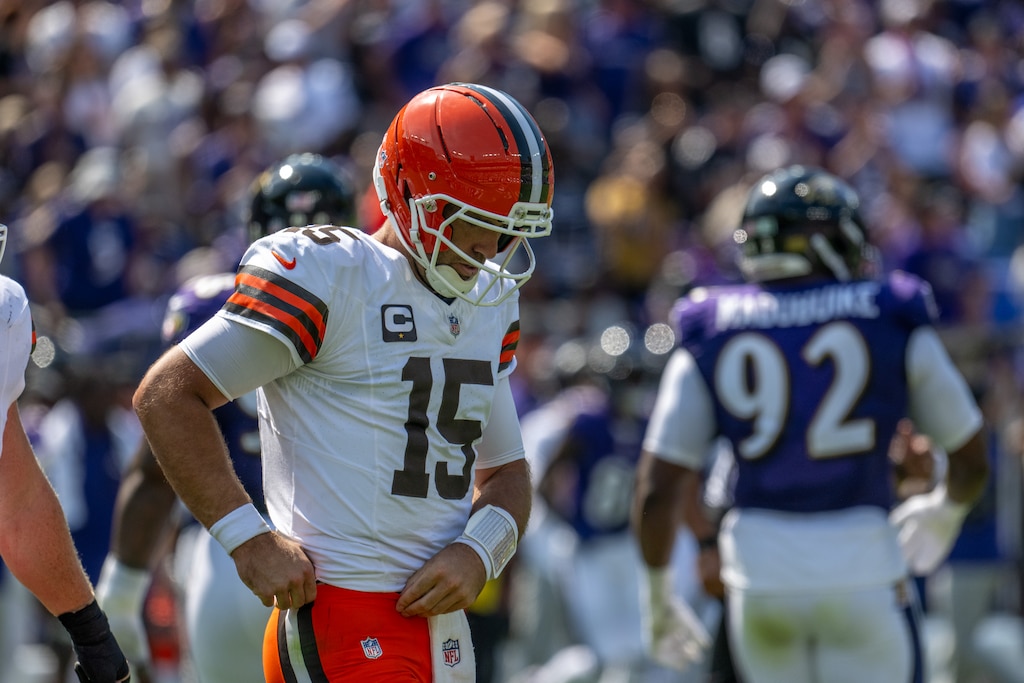Sunday, Sept. 14, 2025 —Cleveland Browns quarterback Joe Flacco (15) walks off the field after a three-and-out in the 2nd quarter against the Baltimore Ravens in the home opener at M&T Bank Stadium.