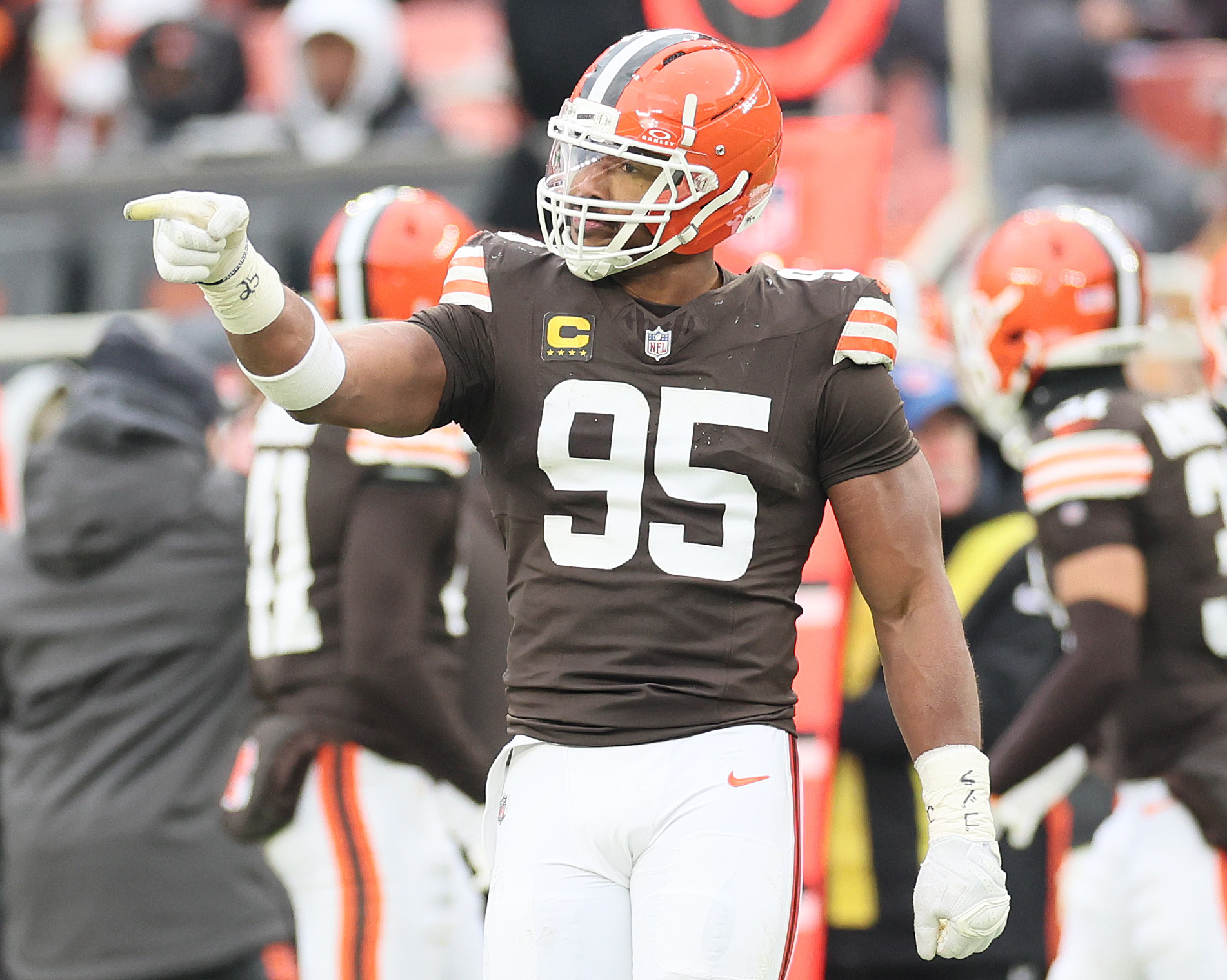 Cleveland Browns defensive end Myles Garrett celebrates his sack on San Francisco 49ers quarterback Brock Purdy in the second half at Huntington Bank Field.