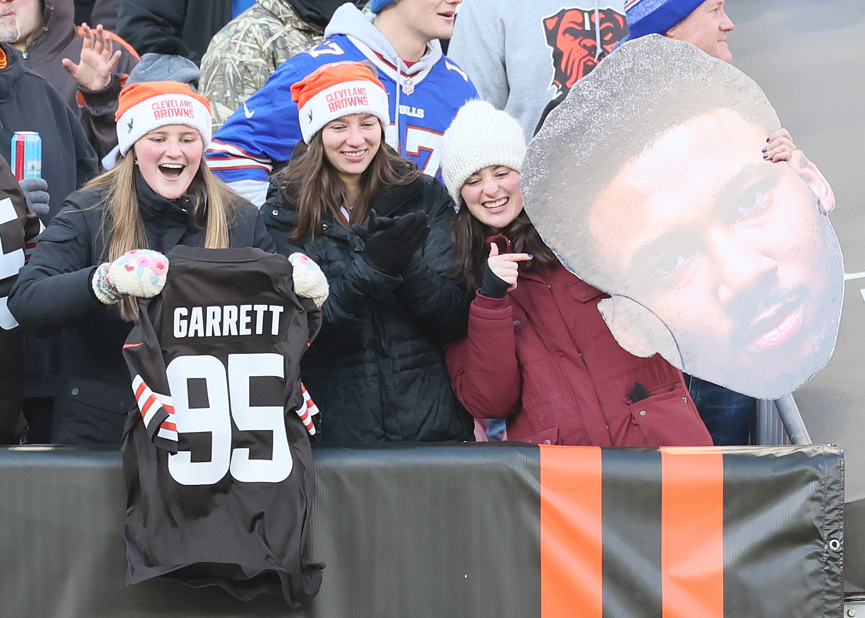 Cleveland Browns’ fans support Cleveland Browns defensive end Myles Garrett from their seats hoping Garrett gets some sacks on Buffalo Bills quarterback Josh Allen. 