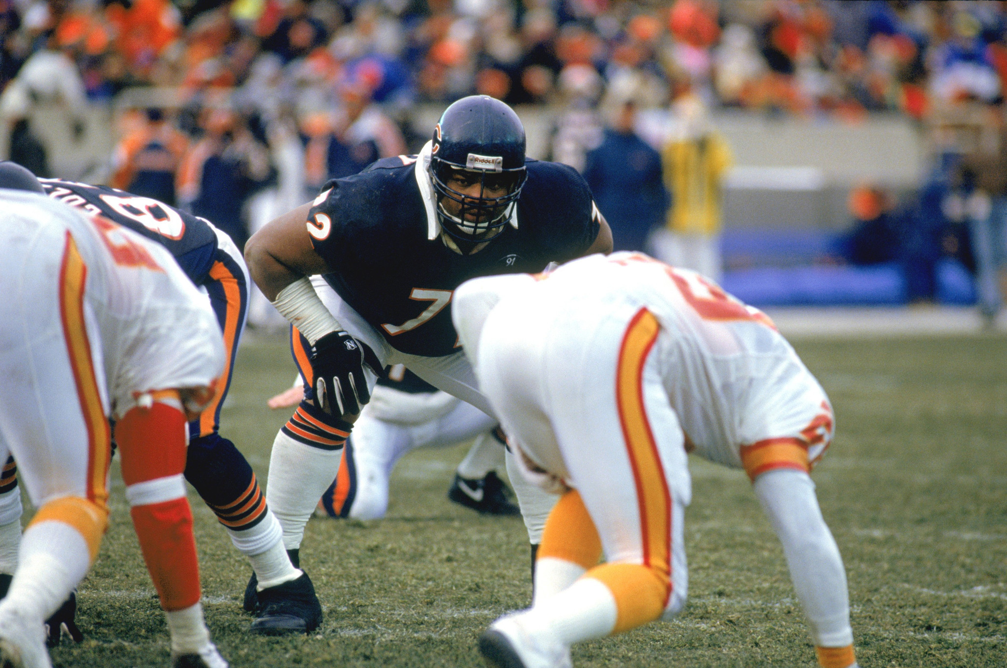 Chicago Bears defensive end William Perry lines up against the Tampa Bay Buccaneers on Dec. 23, 1990 at Soldier Field. The Bears defeated the Buccaneers 27-14.
